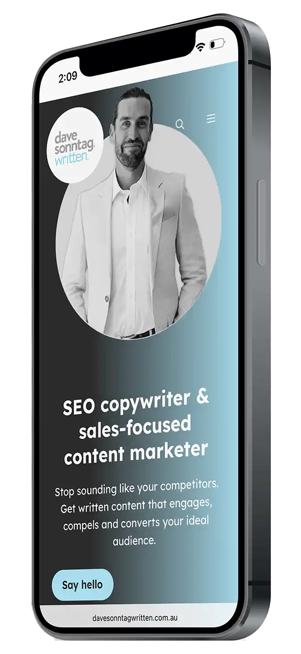 iPhone screen with Dave Sonntag Written copywriter on screen.