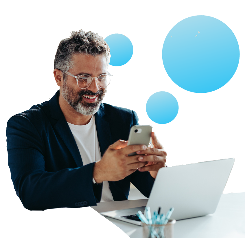 Services professional copywriter v2 Professional copywriter on phone with blue dots abstractly around him.