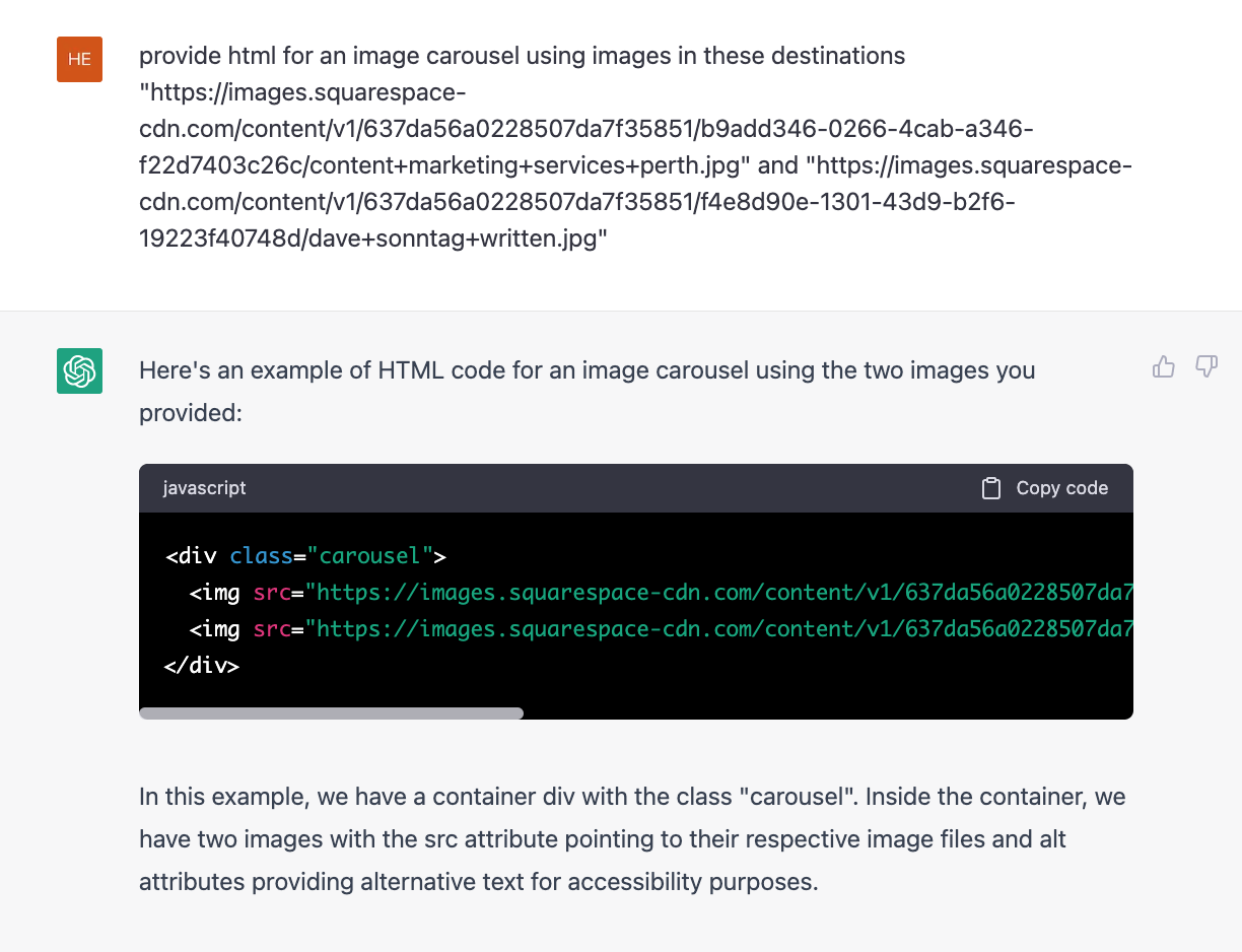chatgpt html Screenshot of ChatGPT providing html for image carousel for Dave Sonntag Written