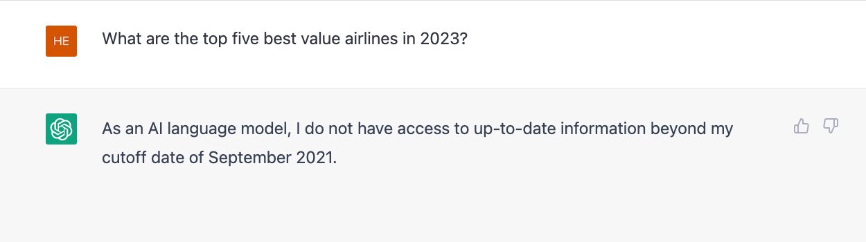 chatgpt response 2023 Screenshot of ChatGPT providing response to real time data on 2023 airlines.