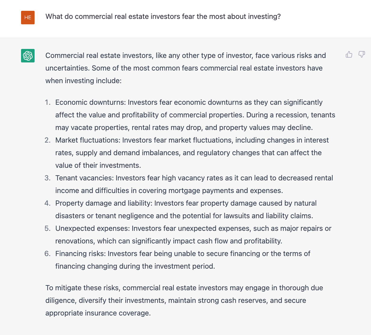 chatgpt response commercial property objections Screenshot of ChatGPT response regarding objections from commercial property investors.