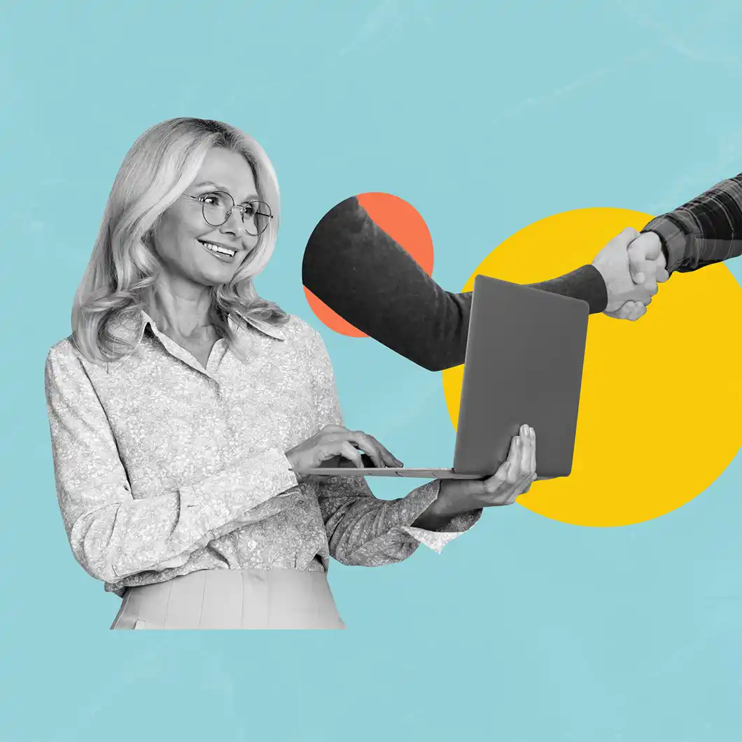 Collage image of satisfied copywriting client next to laptop and arms stretching from circles coming from background.