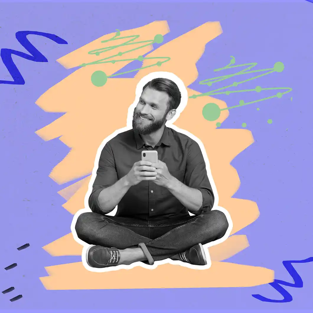Collage of man with mobile phone cross legged on floor with purple and yellow abstract art around him. 